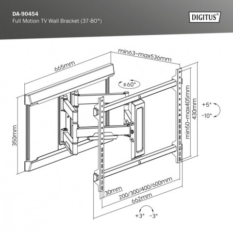 Uchwyt ścienny do TV 37-80" max. obciążenie 60kg, VESA max. 600x400 z regulacją w pionie i poziomie Digitus