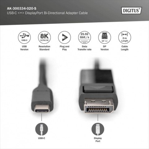 Kabel adapter USB Typ C/DisplayPort dwukierunkowy 8K 30Hz 2m Digitus
