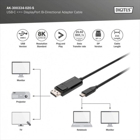 Kabel adapter USB Typ C/DisplayPort dwukierunkowy 8K 30Hz 2m Digitus