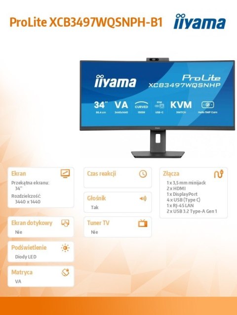 Monitor 34 cale XCB3497WQSNPH-B1,VA,UWQHD,1500R,USB-C Dock 95W, RJ45, KVM,2x5W, kamera 5MP, /5y/ IIYAMA