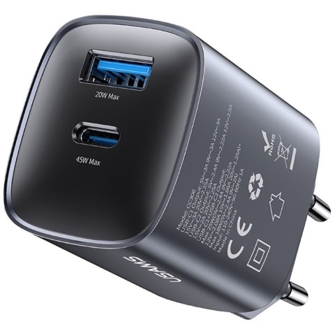 Ładowarka sieciowa T66 45W CC290 GaN Fast charge 1xUSB-A 1xUSB-C srebrny USAMS