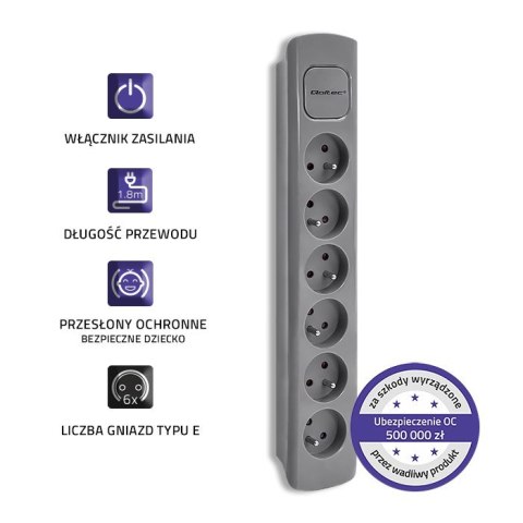 Listwa zasilająca | 6 gniazd | 1.8m | Szara Qoltec