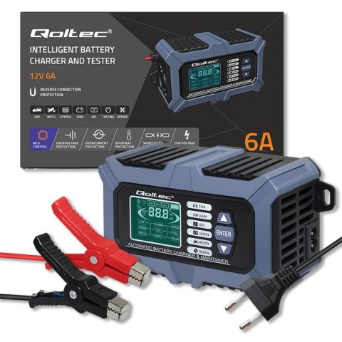 Inteligentna mikroprocesorowa ładowarka z testerem baterii i funkcją naprawy 12V | 6A | LCD | Prostownik do akumulatora AGM LiFe Qoltec