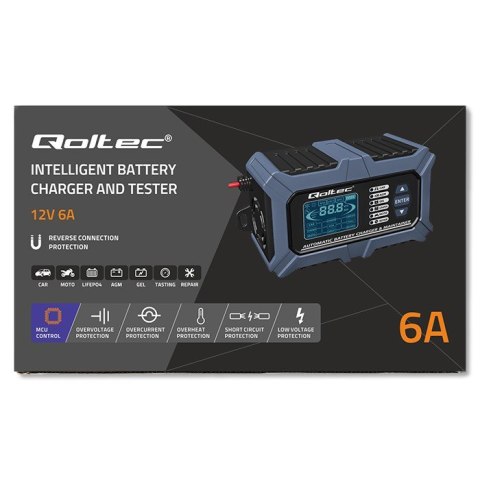 Inteligentna mikroprocesorowa ładowarka z testerem baterii i funkcją naprawy 12V | 6A | LCD | Prostownik do akumulatora AGM LiFe Qoltec