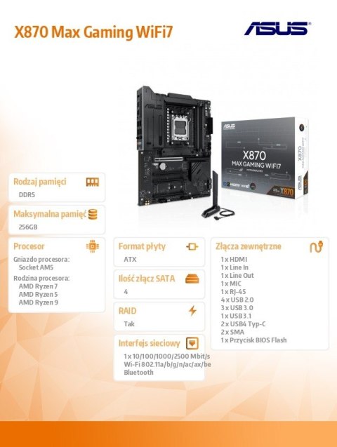 Płyta główna X870 MAX GAMING WIFI7 AM5 4DDR5 HDMI/USB-C Asus
