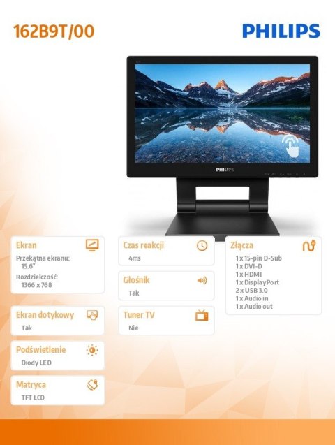 Monitor 162B9T 15.6 cali LED Touch DVI HDMI DP Philips