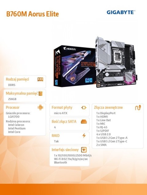 Płyta główna B760M AORUS ELITE WiFi6 GEN5 S1700 4DDR5 mATX Gigabyte