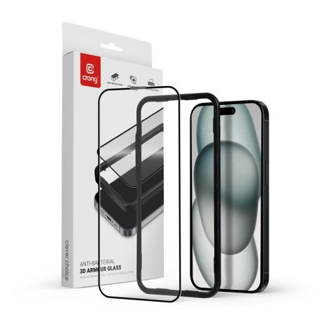 Szkło hartowane Anti-Bacterial 3D Armour Glass 9H na cały ekran iPhone 16 / iPhone 15 z ramką instalacyjną CRONG