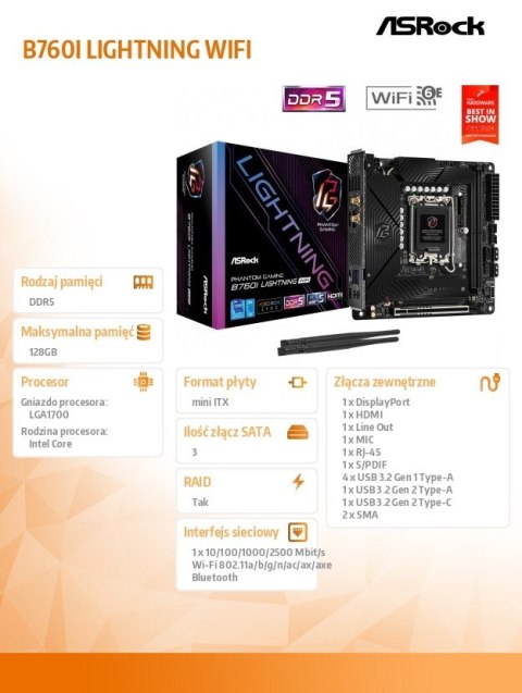 Płyta główna B760I LIGHTNING WIFI s1700 2DDR5 mITX DP/HDMI ASRock