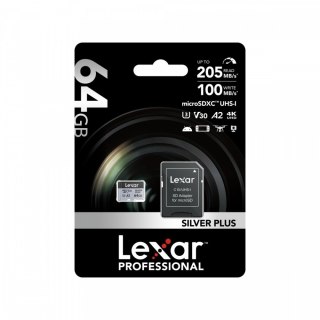 Karta pamięci microSD 64GB C10 A2 U3 V30 205/100MB/s Silver Plus Lexar