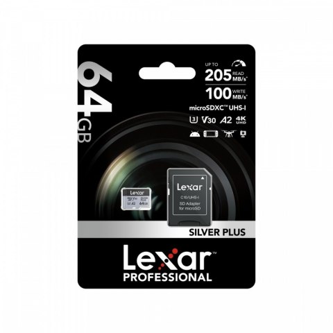 Karta pamięci microSD 64GB C10 A2 U3 V30 205/100MB/s Silver Plus Lexar