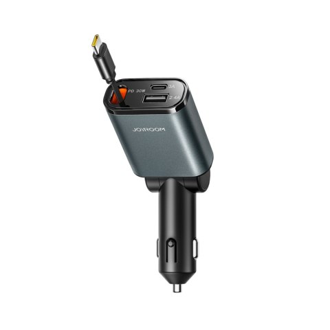 Ładowarka samochodowa 3w1 z kablem zwijanym USB-A USB-C - ciemnoszara JOYROOM
