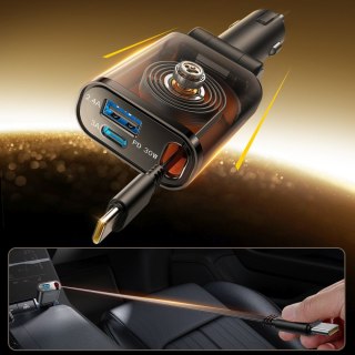 Ładowarka samochodowa 3w1 z kablem zwijanym USB-A USB-C - ciemnoszara JOYROOM