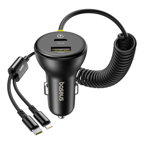 Ładowarka samochodowa USB-A USB-C z kablem iPhone Lightning USB-C 60W 1.4m - czarna BASEUS