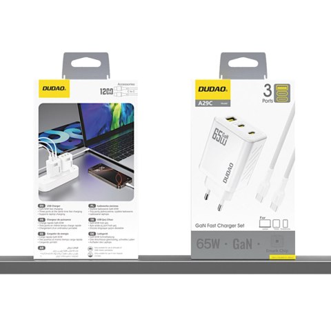 Ładowarka sieciowa GaN z kablem USB-C 1m 65W -biała DUDAO