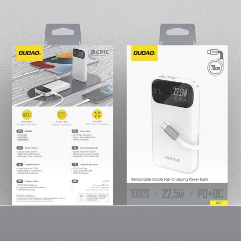 Powerbank K31 10000 mAh 22.5W PD z wbudowanym kablem - biały DUDAO