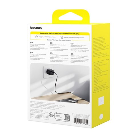 Ładowarka sieciowa Palm 1C 20W z kablem USB-C 60W 1m - czarna BASEUS