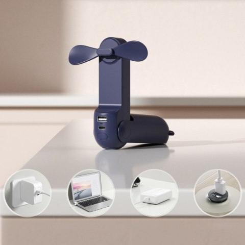 Mini wentylator wiatrak przenośny z funkcją powerbanka latarką USB-A USB-C 2000mAh - niebieski Jisulife