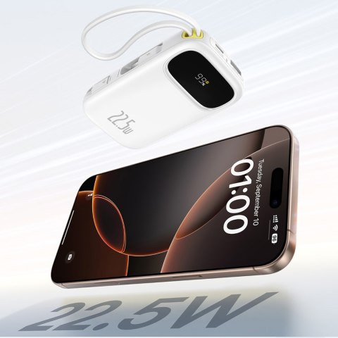 Powerbank 20000mAh 22.5W z wyświetlaczem kablami USB-C iPhone Lightning - biały BASEUS