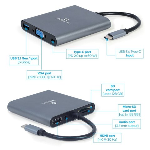 Adapter USB-C Hub HDMI USB-C PD VGA USB 3.0 Audio Card Gembird