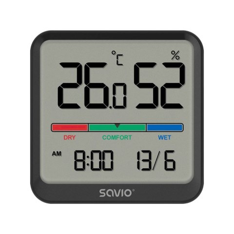 Czujnik temperatury i wilgotności, do użytku wewnętrznego, ekran LCD, zegar, data, uchwyt z magnesem, CT-01/B Czarny Savio