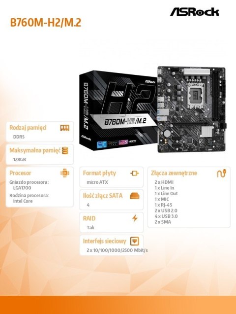 Płyta główna B760M-H2/M.2 s1700 2DDR5 DP/HDMI mATX ASRock