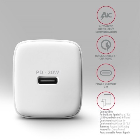 ACU-PD20W Ładowarka sieciowa PD 20W, 1x port USB-C, PD3.0/QC3.0/AFC/FCP/Apple Biała AXAGON