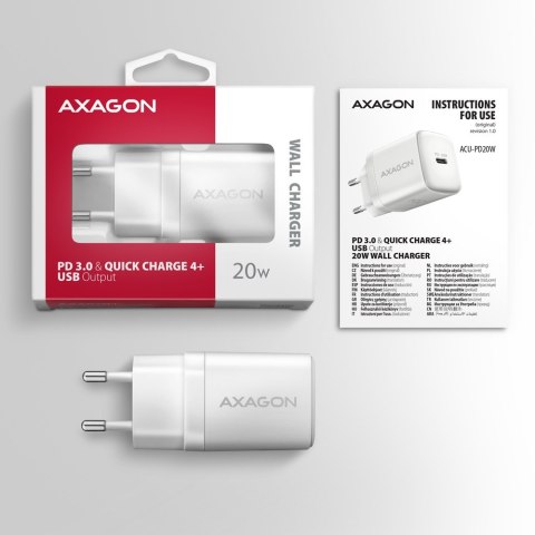 ACU-PD20W Ładowarka sieciowa PD 20W, 1x port USB-C, PD3.0/QC3.0/AFC/FCP/Apple Biała AXAGON