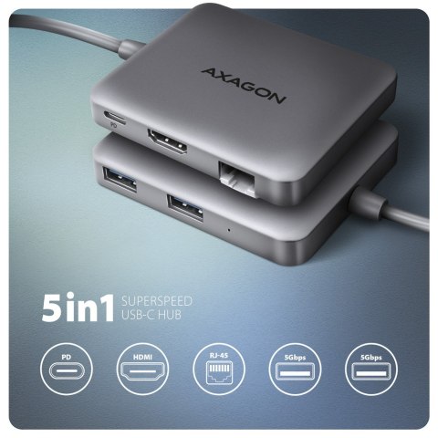 HMC-5HL Wieloportowy hub USB 5in1, 5Gbps, 2x USB-A, HDMI 4K/60Hz, GLAN, PD 100W, 15cm USB-C kabel AXAGON