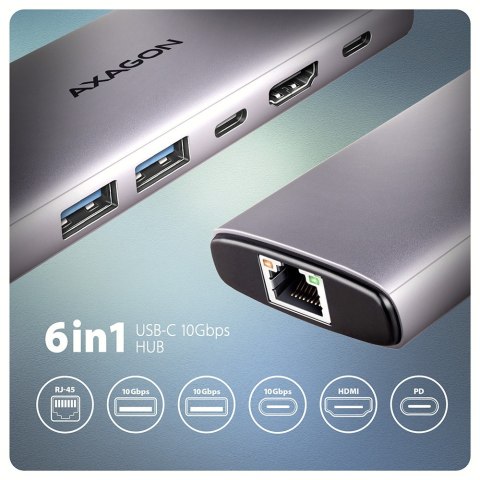HMC-6G2L Wieloportovy hub USB 6in1, 10Gbps, 2xUSB-A, 1xUSB-C, HDMI 4K/60Hz, PD 100W, GLAN, 15cm USB-C kabel AXAGON