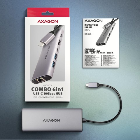 HMC-6G2L Wieloportovy hub USB 6in1, 10Gbps, 2xUSB-A, 1xUSB-C, HDMI 4K/60Hz, PD 100W, GLAN, 15cm USB-C kabel AXAGON