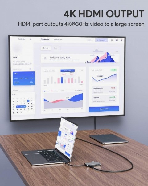 CB-C91 aluminiowy HUB USB-C | 8w1 | RJ45 Ethernet 10/100/1000Mbps | 3xUSB 3.1 | HDMI 4k@30Hz | SD i micro SD | USB-C Power Deliv AUKEY