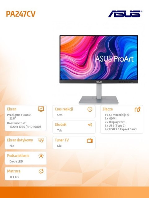 Monitor 24 cale PA247CV ProArt IPS HDMI USB-C DP PIVOT Głośnik 100%sRGB DisplayPort Daisy-chaining Asus