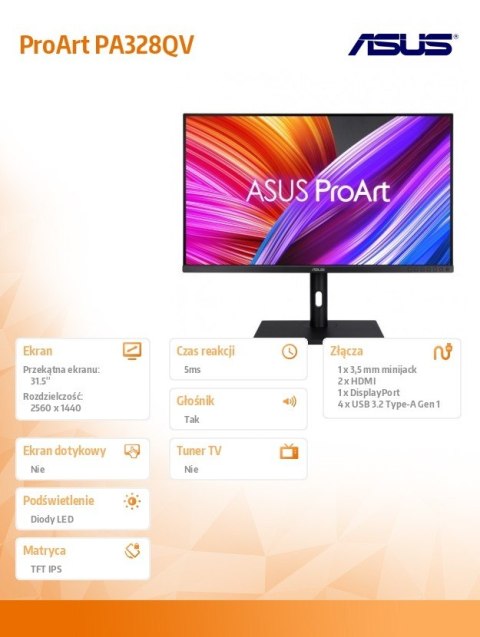 Monitor 32 cale PA328QV WQHD IPS 400cd/m2 DP HDMI2.0x2 DP USBx4 sRGB100% GŁOŚNIK PIVOT Asus