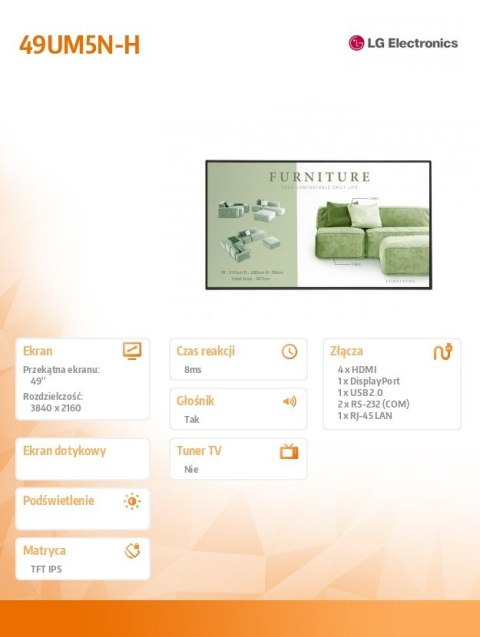 Monitor wielkoformatowy 49UM5N-H 500cd/m2 UHD 24/7 LG Electronics