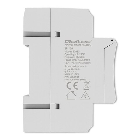 Elektroniczny programator czasowy TIMER na szynę DIN z wbudowaną baterią | harmonogram 7 dni | 16 programów Qoltec