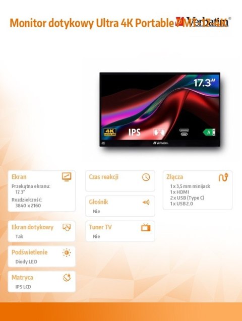 Monitor dotykowy Ultra 4K Portable PMT-17-4K Verbatim