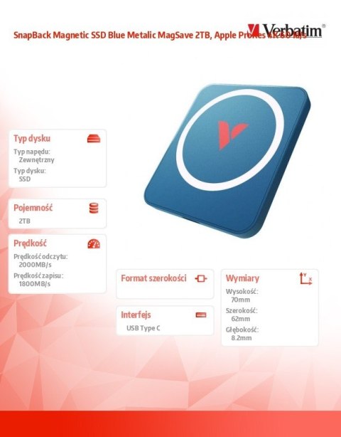SnapBack Magnetic SSD Blue Metalic MagSave 2TB, Apple ProRes 4K 60 kl/s Verbatim