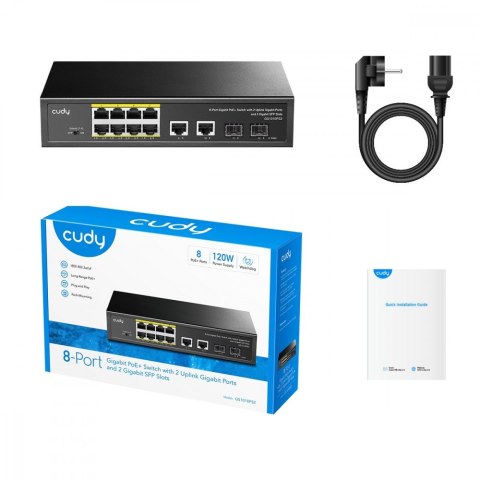Przełącznik GS1010P 8-Port Gigabit PoE+ Switch with 2 Gigabit Uplink ports and 2 Gigabit SFP slot 120W Cudy