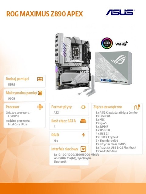 Płyta główna ROG MAXIMUS Z890 APEX s1851 4DDR5 TB4 ATX/90MB1IP0-M0EAY0 Asus