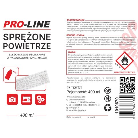 Sprężone powietrze do czyszczenia elektroniki maszyn do szycia PRO-LINE spray 400ml PRO-LINE