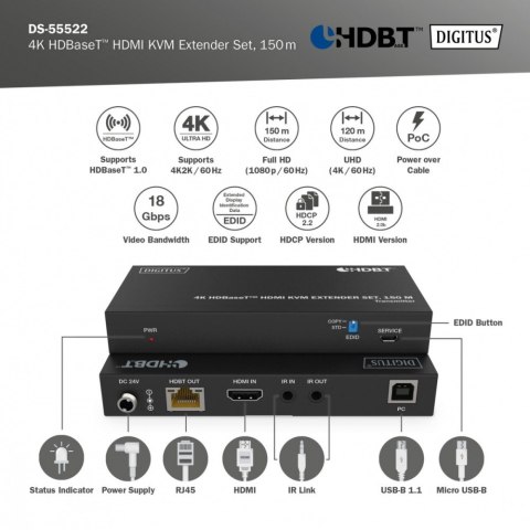 Przedłużacz/Extender HDMI 4K 60Hz 150m po skrętce Cat.6A/7/8 HDBaseT HDCP2.2 IR EDID PoC, zestaw Digitus