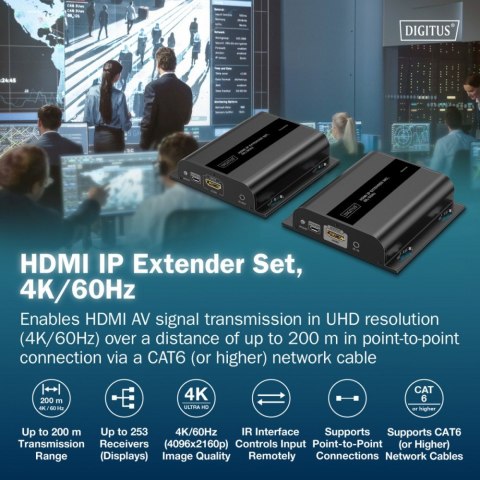 Przedłużacz (extender) po skrętce kat.6 HDMI 4K/60Hz przez IP 1G lub do 120m/200m, max. 253 odbiorniki, sterowanie IR - zestaw ( Digitus