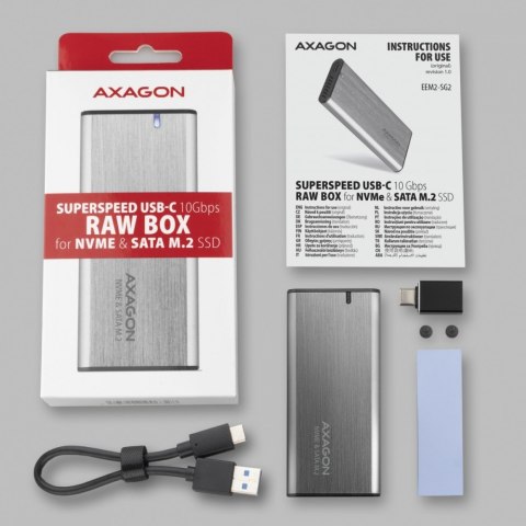 EEM2-SG2 Obudowa zewnętrzna aluminiowa bezśrubowa USB-C 3.2 Gen 2 M.2 NVMe & SATA SSD + USB-A - USB-C redukcja AXAGON