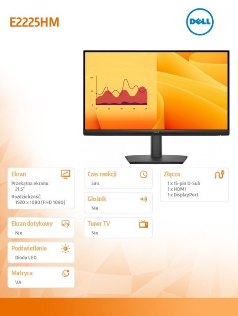 Monitor E2225HM 21.5 cala LED VA Full HD (1920 x1080)/16:9/DP/HDMI/VGA/3Y Dell
