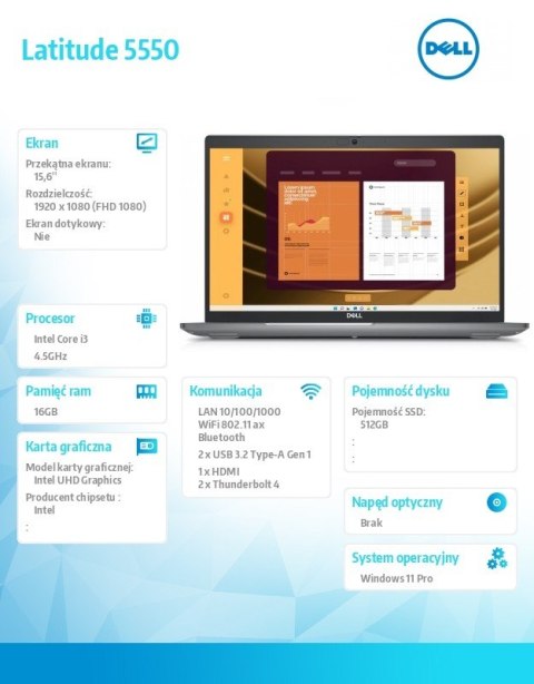 Laptop Latitude 5550 Win11Pro i3-1315U/16GB/512GB/15.6 FHD/UHD/FgrPr/FHD Cam/Mic/WLAN + BT/Backlit Kb/3 Cell/3YPS Dell