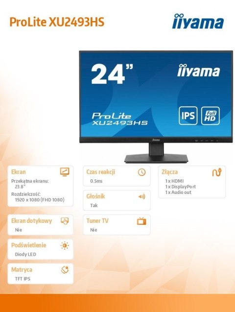 Monitor ProLite 23.8 cala XU2493HS-B6 IPS,HDMI,DP,2x2W,ACR IIYAMA