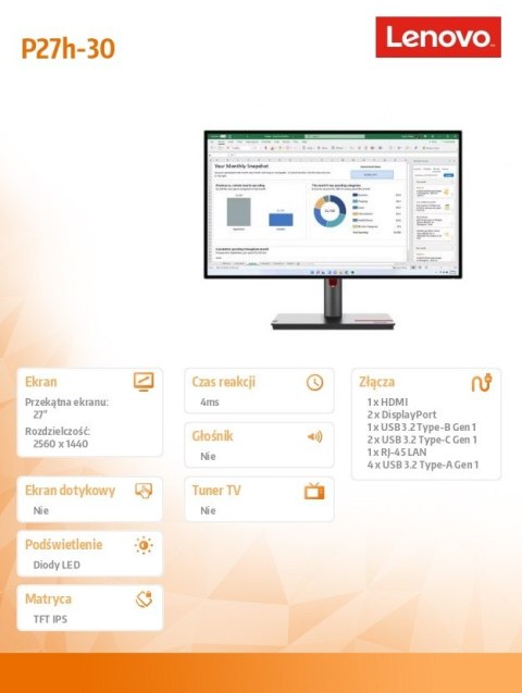 Monitor ThinkVision P27h-30 27 cali 63A1GAT1EU Lenovo
