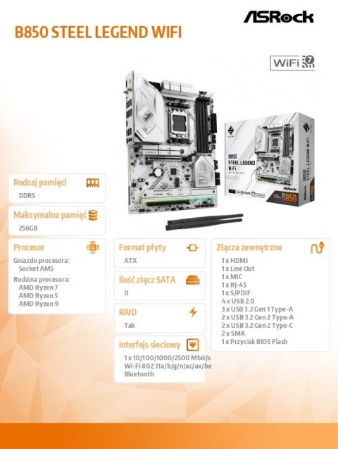 Płyta główna B850 Steel Legend WiFi AM5 4DDR5 ATX ASRock
