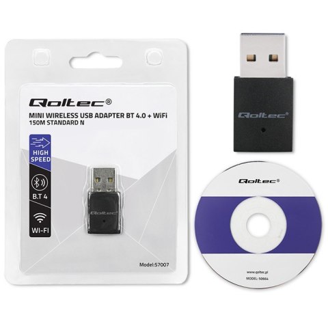 Bezprzewodowy mini adapter Wi-Fi | BT 4.0 USB | standard N Qoltec